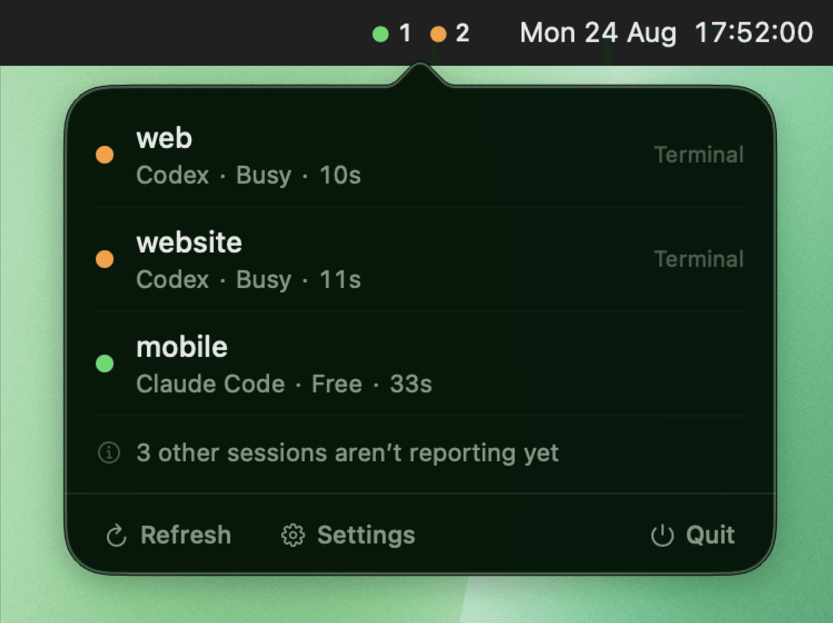 The CodeStatus menu bar popover: three sessions with their provider, state, and elapsed time, a note that three more are not reporting yet, and Refresh and Settings along the bottom.